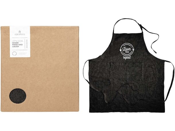 Delantal de algodón reciclado Originalhome con bolsillo frontal Negro intenso detalle 1