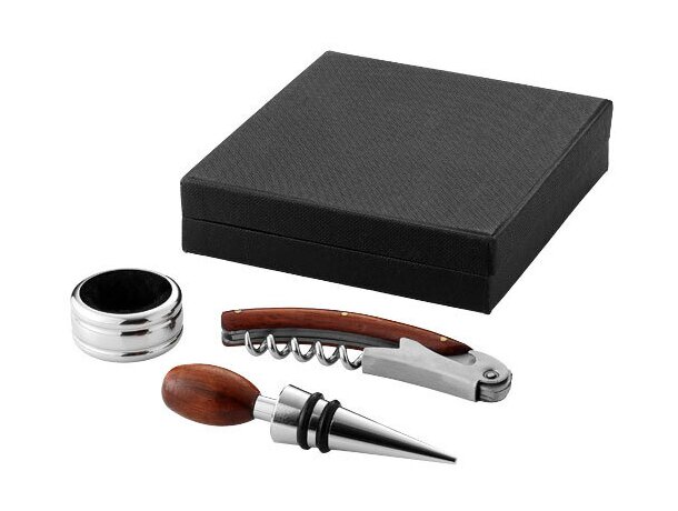 Set de vino de 3 piezas en metal y madera personalizado negro intenso Set de vino de 3 piezas en metal y madera personalizado negro intenso