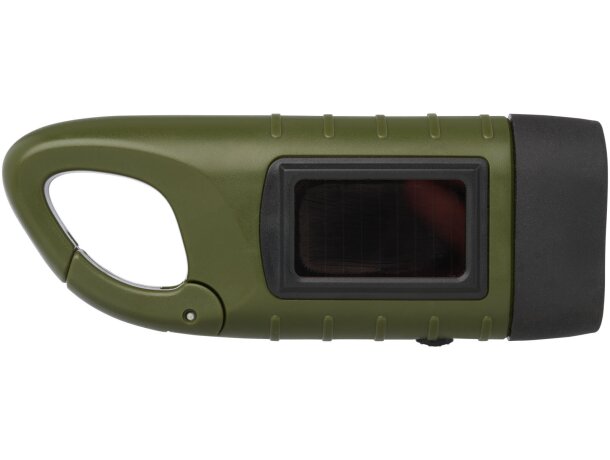 Linterna dinamo solar con mosquetón Helios Verde militar detalle 2