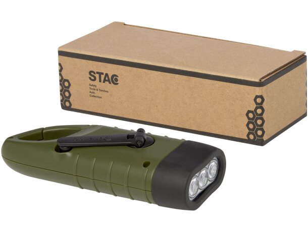 Linterna dinamo solar con mosquetón Helios Verde militar detalle 4