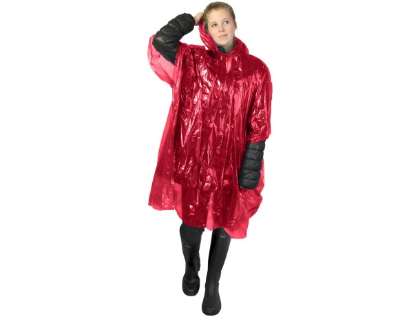 Poncho desechable reciclado Mayan con capucha Rojo detalle 12