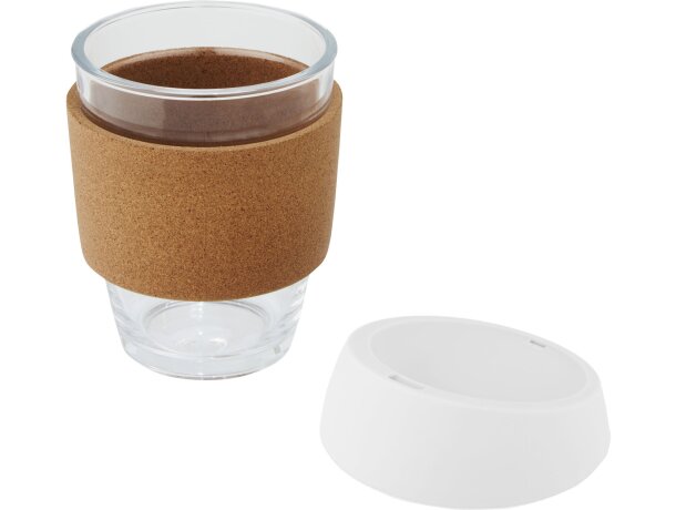 Vaso de vidrio borosilicato de 360 ml con agarre de corcho y tapa de silicona Lidan Blanco detalle 7