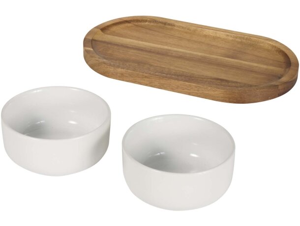 Set de bandeja de madera y cuencos de cerámica Noa Blanco detalle 3