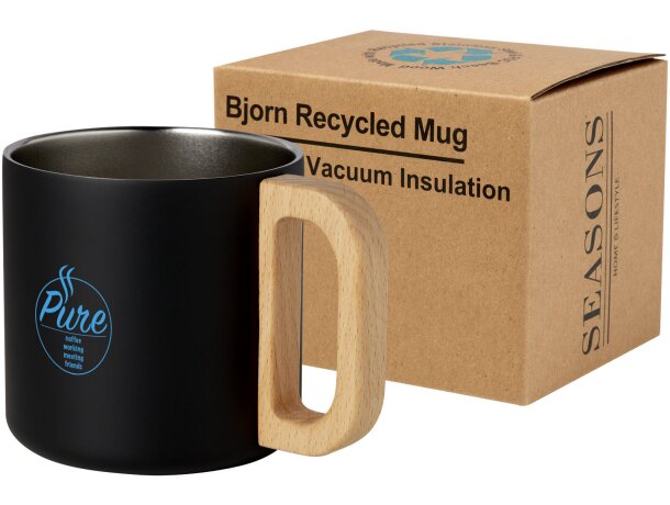 Taza acero inoxidable reciclado Bjorn con asa de madera Negro intenso detalle 1