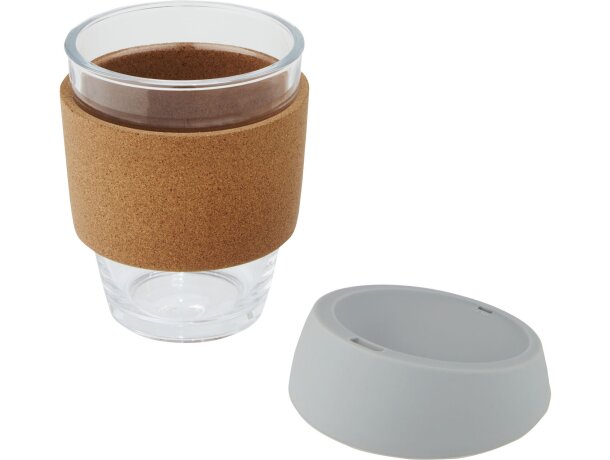 Vaso de vidrio borosilicato de 360 ml con agarre de corcho y tapa de silicona Lidan Gris detalle 14