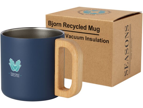 Taza acero inoxidable reciclado Bjorn con asa de madera Azul oscuro detalle 7