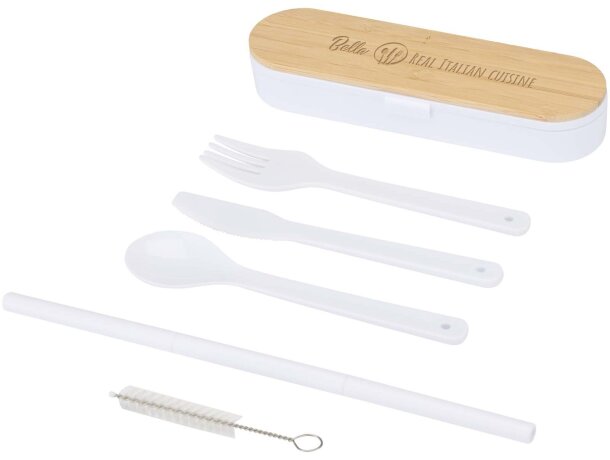 Set cubiertos reutilizables con tapa bambú Runa Blanco detalle 5
