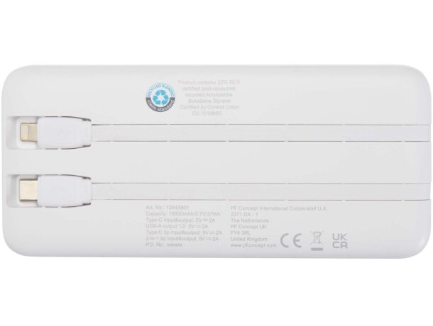 Batería externa Adhil de plástico reciclado 10000 mAh Blanco detalle 10