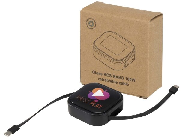 Cable retráctil reciclado 5 en 1 Gloas con carga rápida 100W Negro intenso detalle 1
