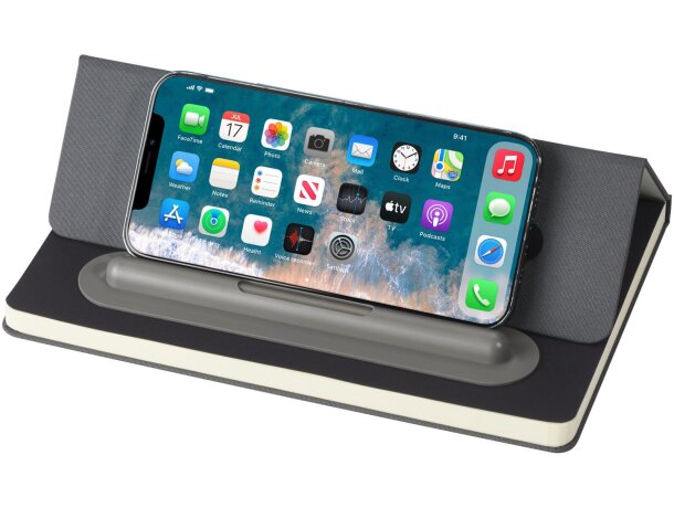 Set bolígrafo y libreta Skribo reciclado con soporte móvil Gris detalle 6