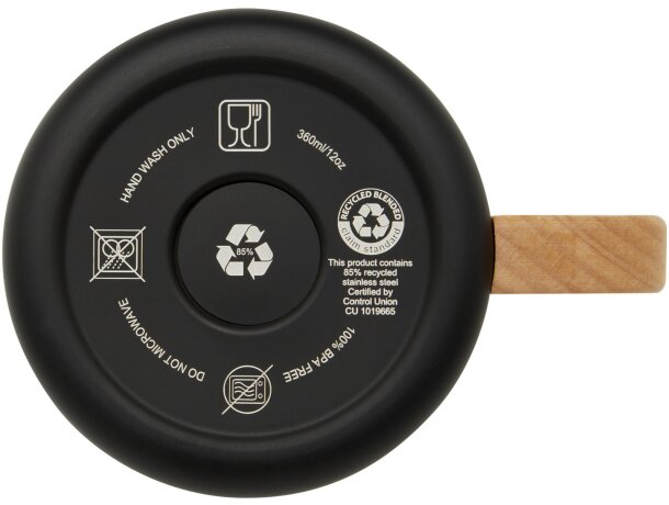 Taza acero inoxidable reciclado Bjorn con asa de madera Negro intenso detalle 6