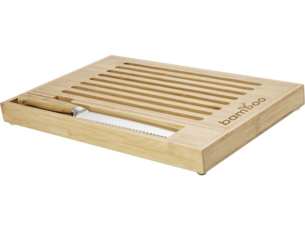 Tabla de cortar bambú con cuchillo pan Pao y bandeja migas Natural/plateado detalle 1
