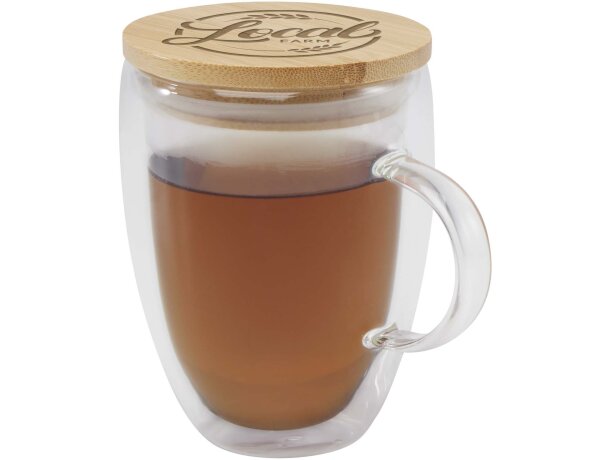 Taza de vidrio con doble pared y tapa de bambú certificado Leona Transparente claro detalle 1