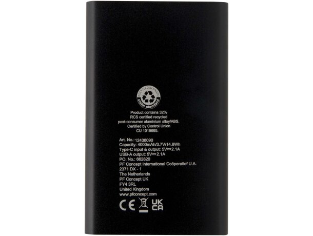 Batería externa Pep 4000 mAh aluminio reciclado certificado RCS Negro intenso detalle 3