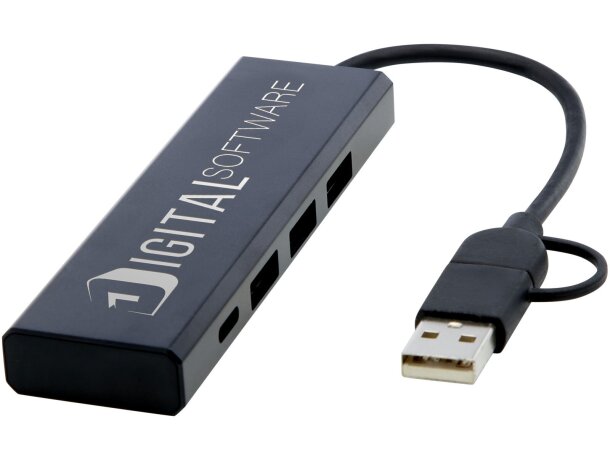 Hub USB 2.0 Rise de aluminio reciclado con 4 puertos y tipo C Negro intenso detalle 1