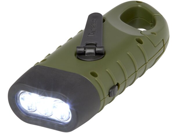 Linterna dinamo solar con mosquetón Helios Verde militar detalle 6