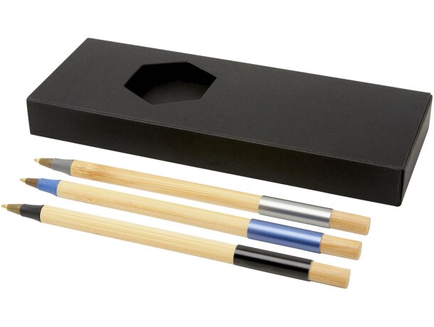 Set de bolígrafos para publicidad en caja negra de madera tinta azul Kerf Negro intenso/natural detalle 5