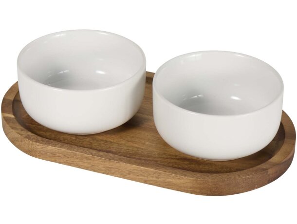 Set de bandeja de madera y cuencos de cerámica Noa Blanco detalle 3