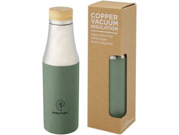 Botella de acero inoxidable con aislamiento al vacío de cobre de 540 ml con tapa de bambú Hulan Verde mezcla detalle 17