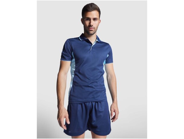 Polo deportivo unisex manga corta Roly Montmelo transpirable Blanco/azul real detalle 23