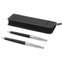 Estuche en piel de regalo con bolígrafo y roller personalizado negro intenso Estuche en piel de regalo con bolígrafo y roller personalizado negro intenso