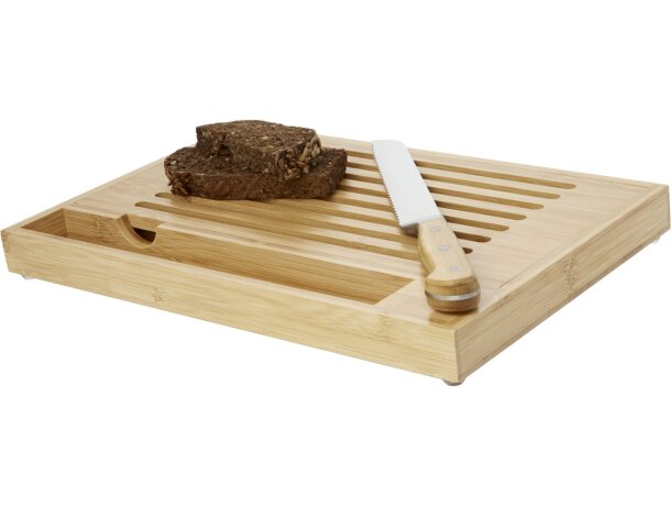 Tabla de cortar bambú con cuchillo pan Pao y bandeja migas Natural/plateado detalle 6
