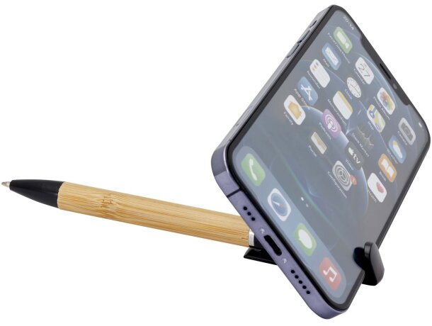 Bolígrafo bambú certificado FSC con soporte para teléfono Negro intenso detalle 5