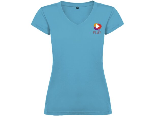 Camiseta cuello pico mujer Roly Victoria algodón 155 g/m² Azul turquesa detalle 11