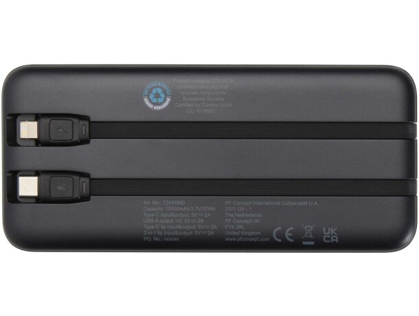 Batería externa Adhil de plástico reciclado 10000 mAh Negro intenso detalle 3