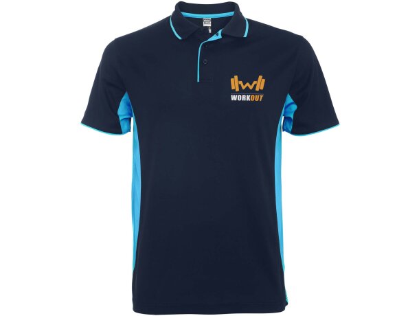 Polo deportivo unisex manga corta Roly Montmelo transpirable Azul marino/azul celeste detalle 9