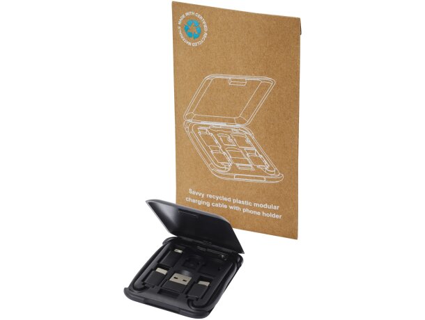 Cable de carga modular reciclado con soporte para móvil Savvy Negro intenso detalle 4