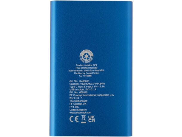 Batería externa Pep 4000 mAh aluminio reciclado certificado RCS Azul real detalle 17