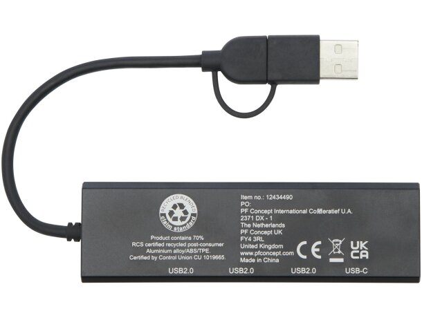 Hub USB 2.0 Rise de aluminio reciclado con 4 puertos y tipo C Negro intenso detalle 3