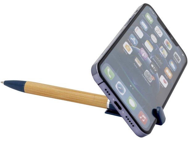 Bolígrafo bambú certificado FSC con soporte para teléfono Azul océano detalle 10