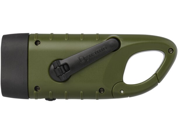 Linterna dinamo solar con mosquetón Helios Verde militar detalle 1