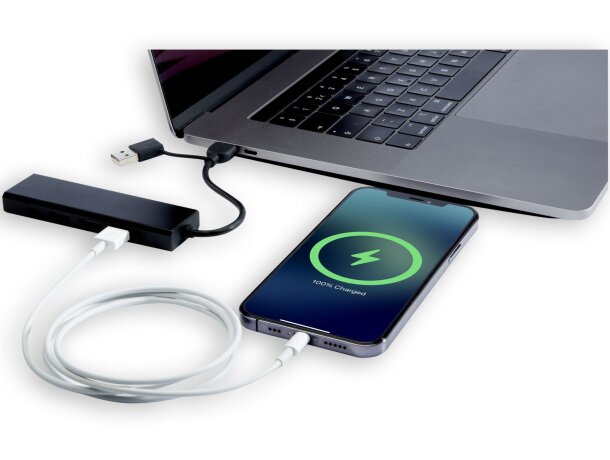 Hub USB 2.0 Rise de aluminio reciclado con 4 puertos y tipo C Negro intenso detalle 5