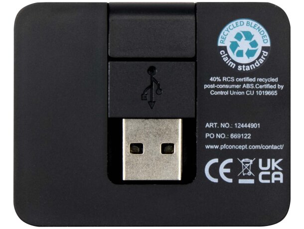Hub USB Gaia de 4 puertos con plástico ABS reciclado Negro intenso detalle 3