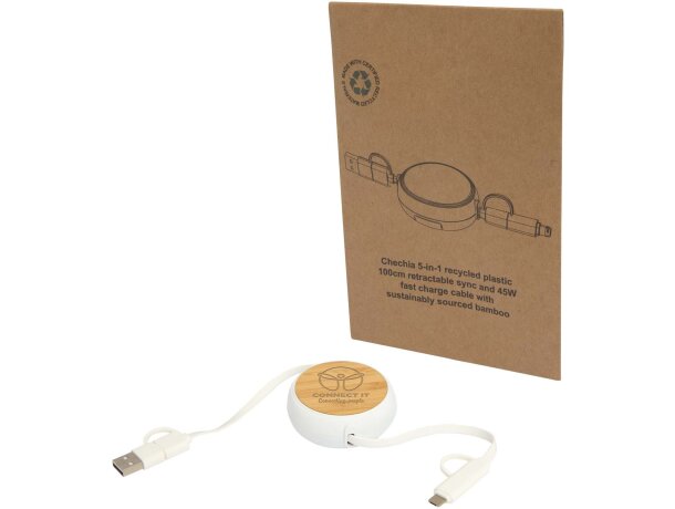 Cable retráctil 5 en 1 Chechia bambú FSC y plástico reciclado Blanco detalle 8