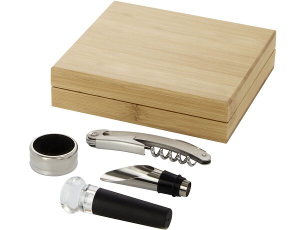 Set vino Syrat personalizado bambú con cuatro accesorios acero Natural/plateado detalle 5
