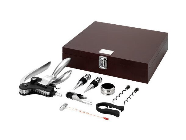 Set de vino 9 piezas en caja de madera personalizado marrón Set de vino 9 piezas en caja de madera personalizado marrón