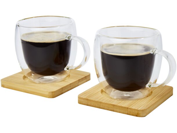 Tazas de vidrio borosilicato Manti con posavasos de bambú Transparente/natural detalle 4