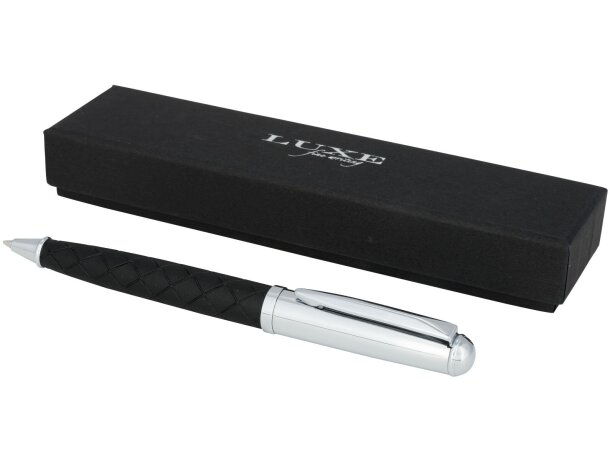 Bolígrafo Fidelio metálico con acabado símil piel y clip plata Negro intenso/plateado detalle 3