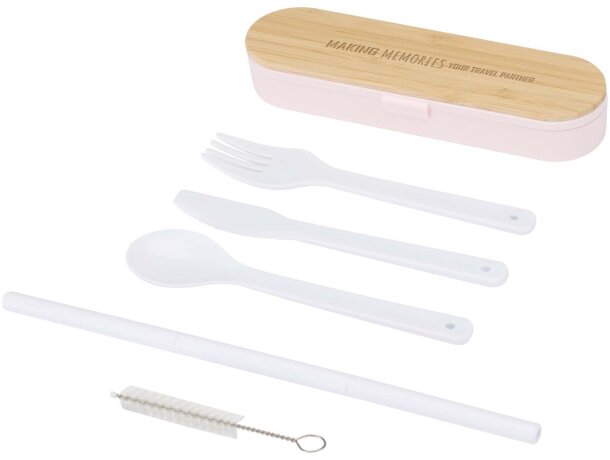 Set cubiertos reutilizables con tapa bambú Runa Rosa claro detalle 17