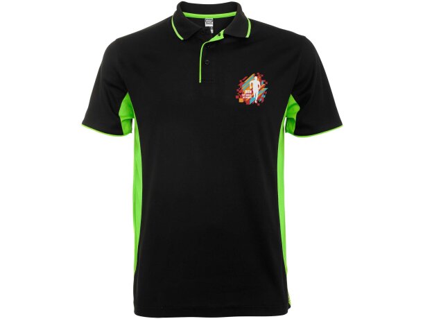 Polo deportivo unisex manga corta Roly Montmelo transpirable Negro intenso/lima detalle 1