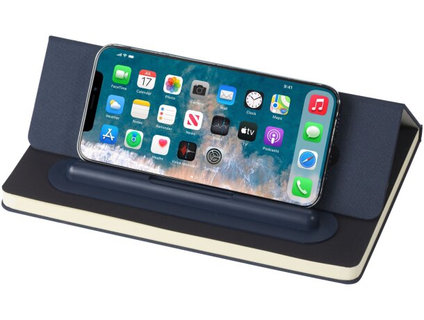 Set bolígrafo y libreta Skribo reciclado con soporte móvil Azul marino detalle 13