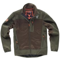 Softshell técnico verde caza con cuello alto.