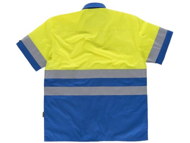Camisa bicolor con botones y bandas reflectantes azulina amarillo a.v.