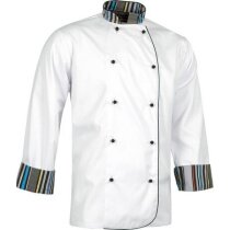 Casaca de cocina con detalles a rayas personalizada blanca
