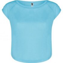Camiseta de mujer en poliester diseño bajo redondeado azul claro