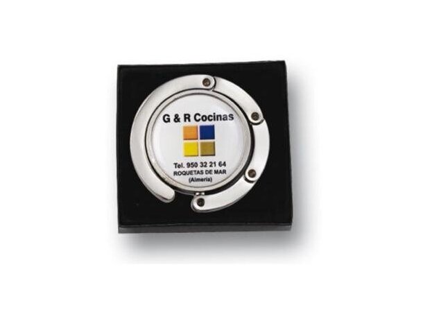 Cuelgabolsos plegable con acabado resina personalizado Cuelgabolsos plegable con acabado resina personalizado